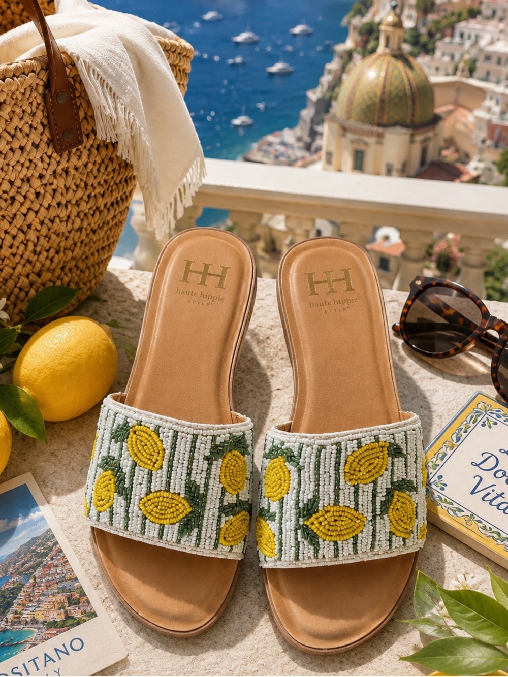 Haute Hippie Style Lemon Beaded Slides NWT | Viral Euro Summer Sandals Sz 7.5